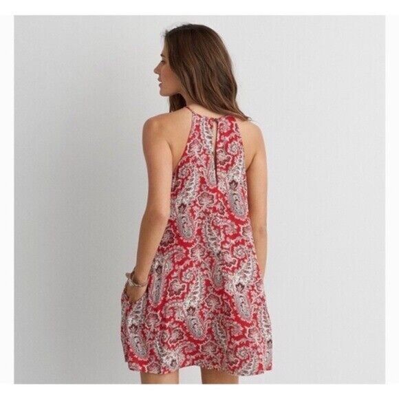 American Eagle AEO Red Floral High Neck Boho Shift Mini Dress XS - Picture 2 of 7